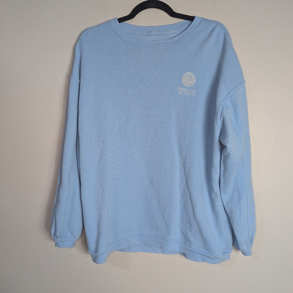 XS Aerie Oversized Crewneck Sweatshirt Smiley Academy Blue - Picture 2 of 6